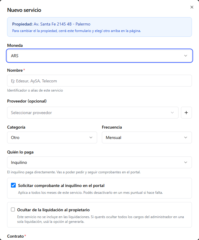 Formulario para agregar un servicio