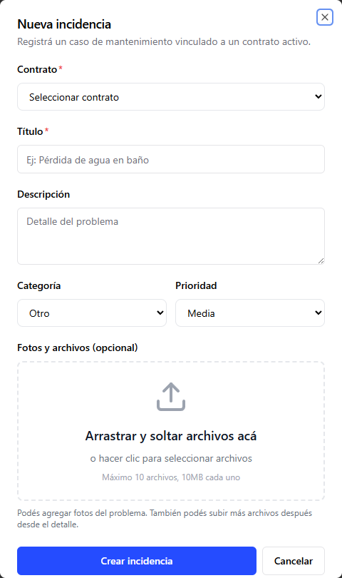 Formulario de nueva incidencia