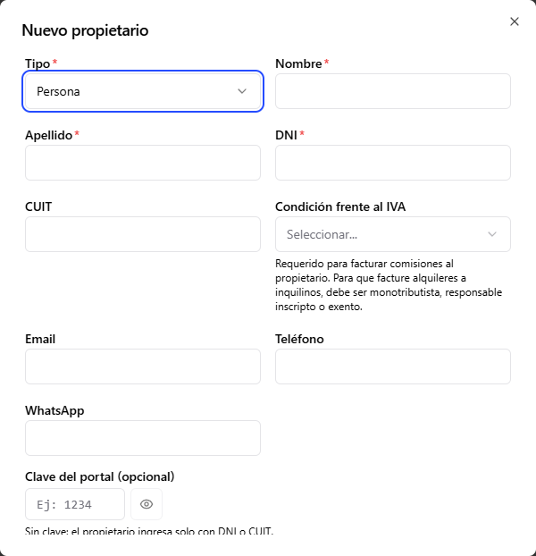 Formulario de nuevo propietario