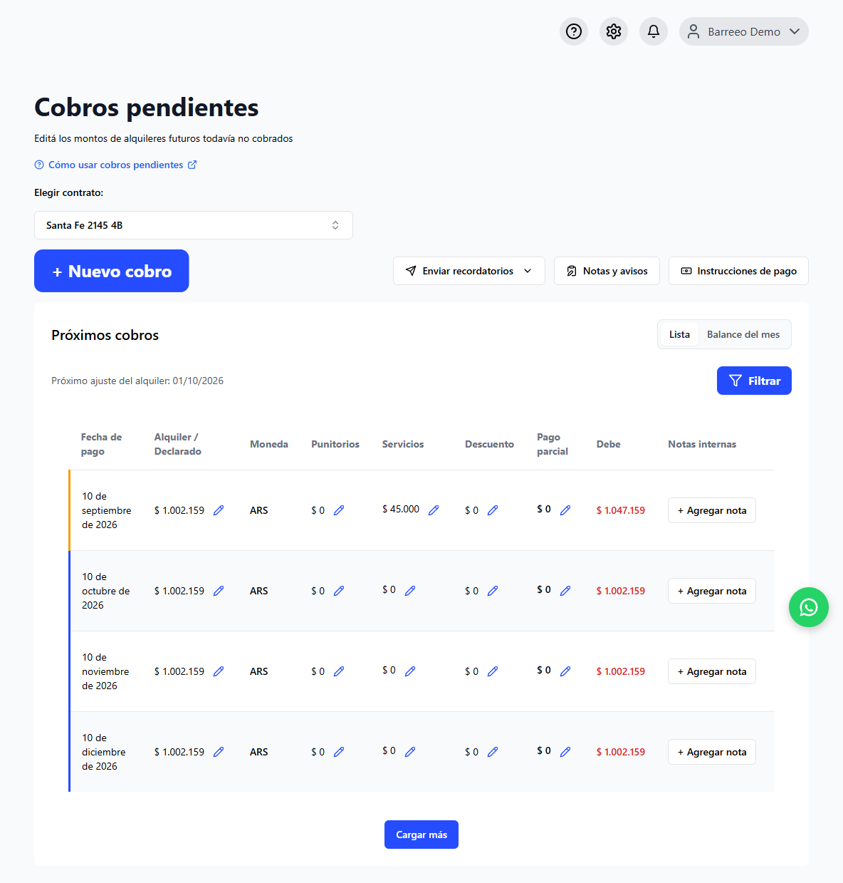 Cobros pendientes con meses generados para el contrato