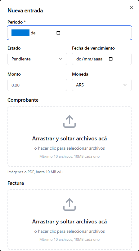 Formulario para agregar una entrada de servicio