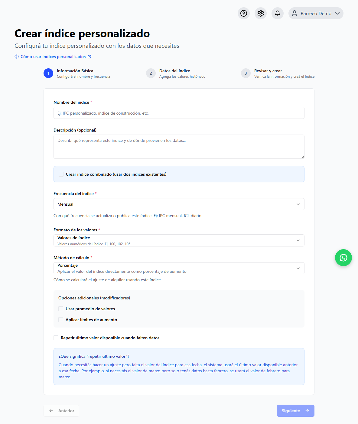 Asistente para crear un índice personalizado