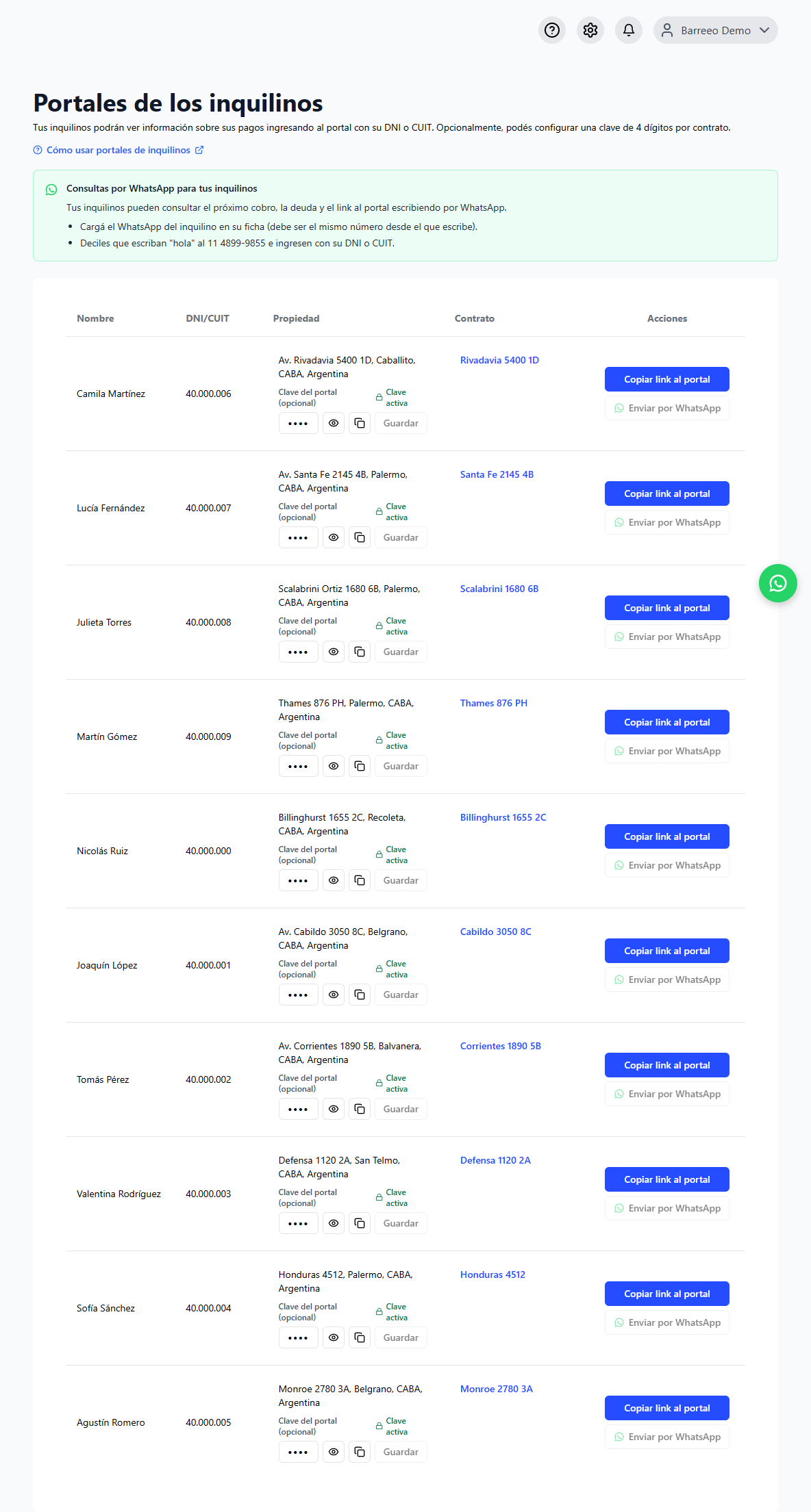 Lista de portales con la acción Copiar link al portal