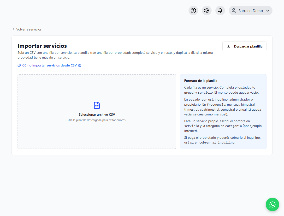 Importación de servicios desde CSV